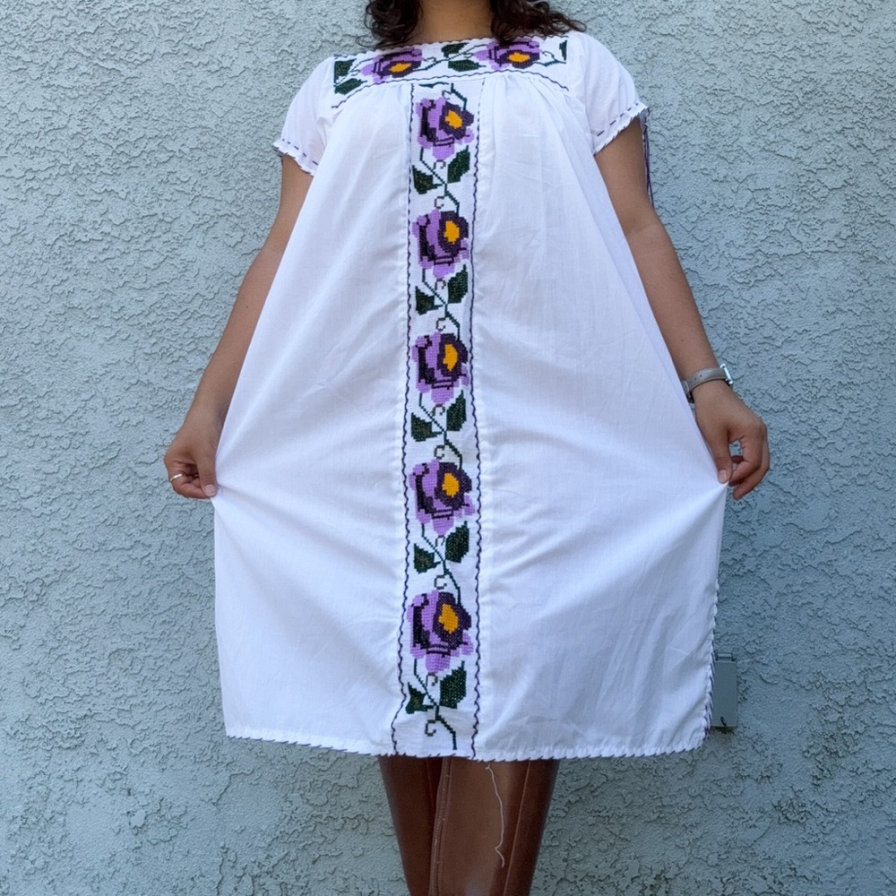 1970s Floral Cross-Stitch Mexican Dress